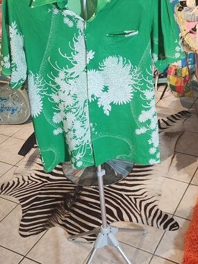 VTG 60S Mens Green Floral Tiki Button-Up Shirt
